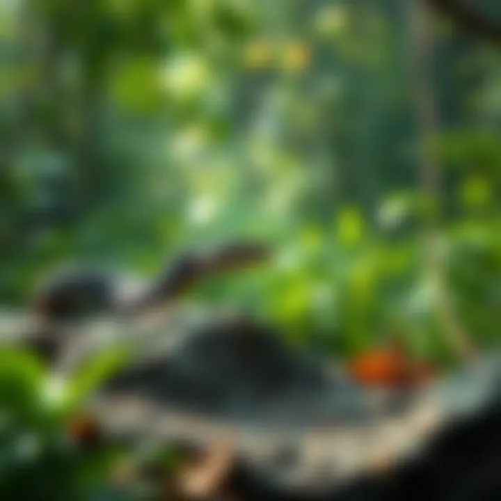 A snake resting on a rock in a lush green forest, illustrating its role in nature's ecosystem.
