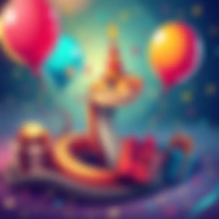 A colorful illustration depicting a snake with a birthday hat surrounded by balloons and a gift box, celebrating its birthday.