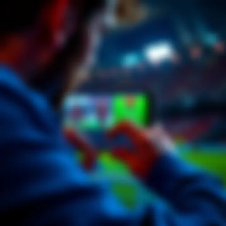 A soccer fan analyzing betting options on a smartphone with images of Barcelona and Girona on the screen