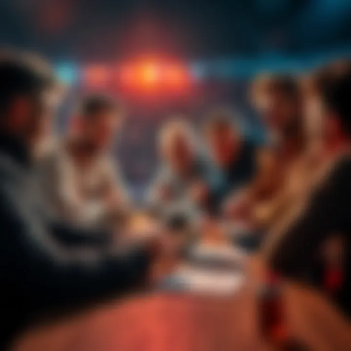 A group of football fans sharing betting tips and strategies in a lively discussion, with a soccer ball and betting slips on the table