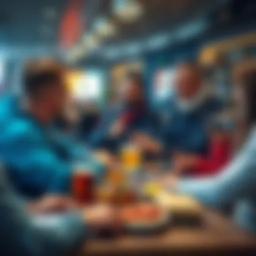 Group of fans sharing soccer betting tips and picks at a table with drinks and snacks