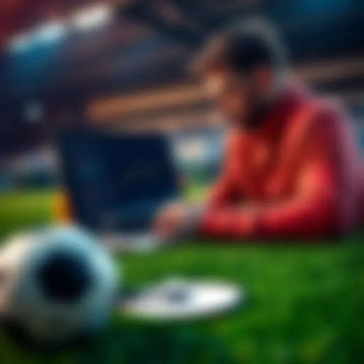 A person analyzing soccer stats on a laptop with betting slips and a soccer ball nearby.