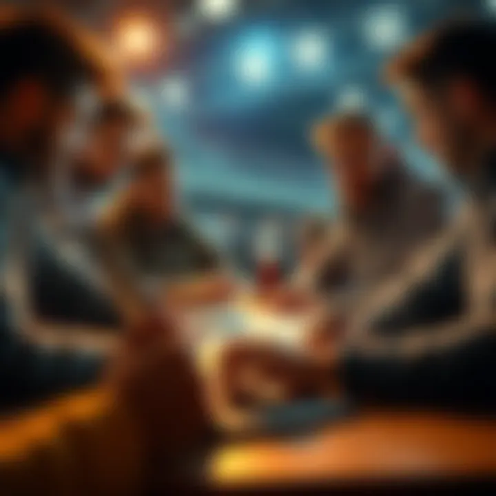 A group of people discussing soccer betting strategies with a laptop and betting tickets on the table