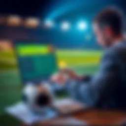 A person analyzing soccer betting odds on a laptop with a soccer ball and betting slips nearby