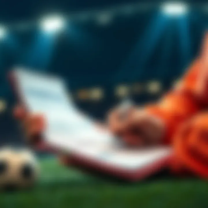 A person analyzing soccer results with a notepad and pen, considering a bet on a football match outcome.
