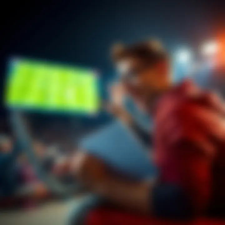 An excited person looking at a soccer match on a laptop, holding a notepad with betting tips.