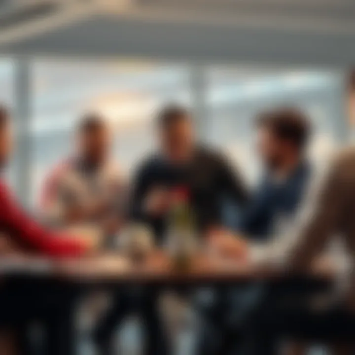 A group of people discussing strategies around a table with soccer balls and betting slips