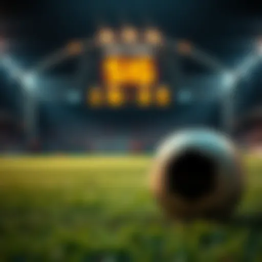 A soccer ball on a grassy field with a scoreboard in the background showing a victory score.