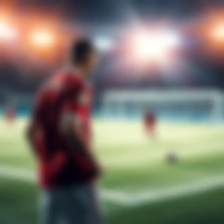 A soccer player stands poised to take a shot at the goal during a game, focused and determined on the field.