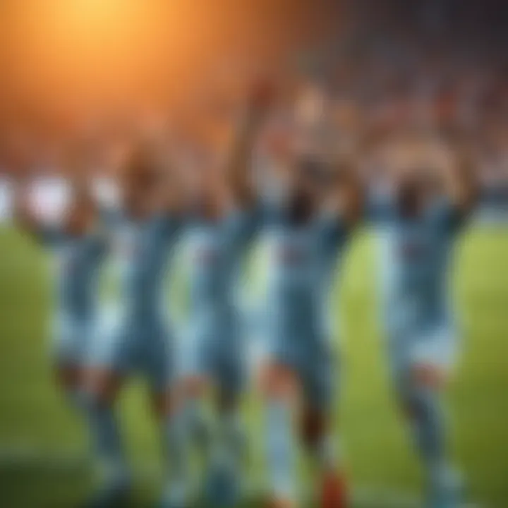 A group of soccer players in jerseys celebrating a goal on the field with arms raised and smiles