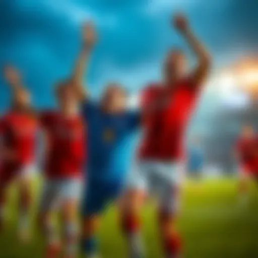Soccer players celebrating a goal A group of soccer players joyfully celebrating after scoring a goal on the field.