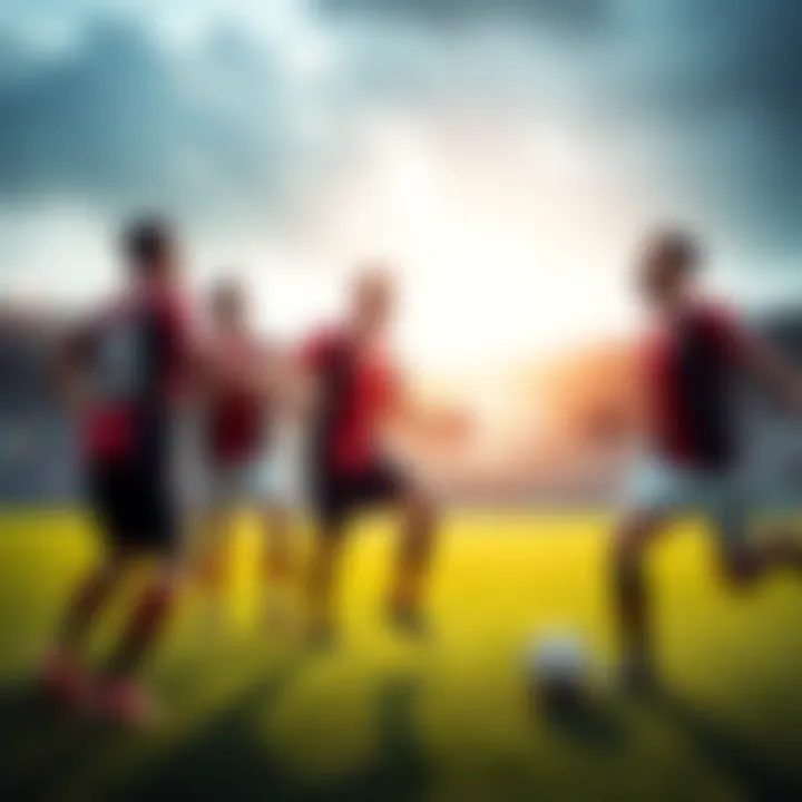 A group of soccer players in jerseys joyfully celebrating a goal on the field during a match.