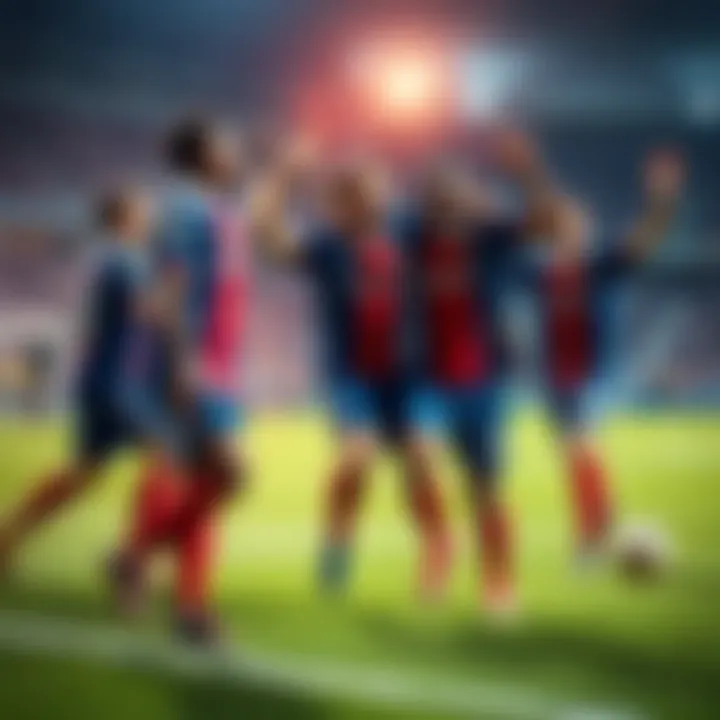 A group of soccer players celebrating after scoring a goal, showcasing their joy and teamwork on the field.
