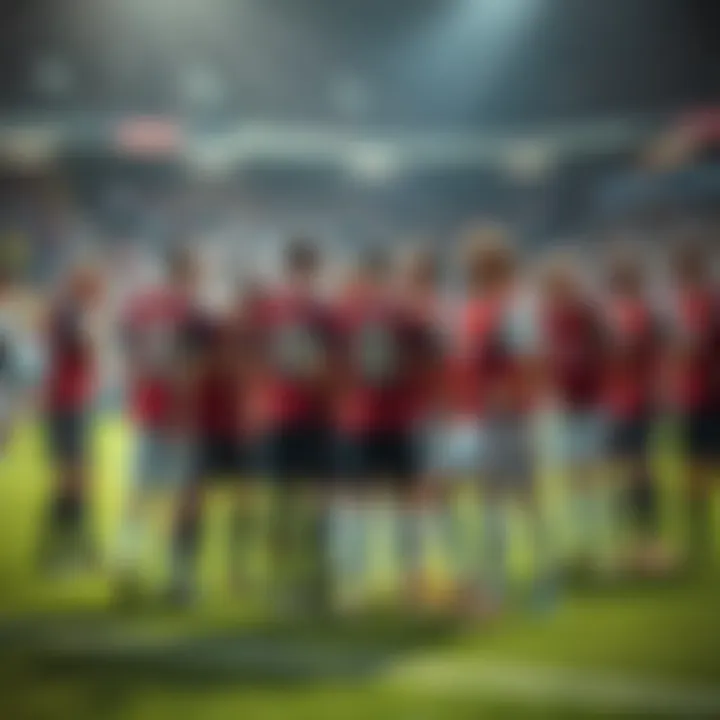 Disappointed soccer team huddled together after a tough match loss, looking downcast on the field