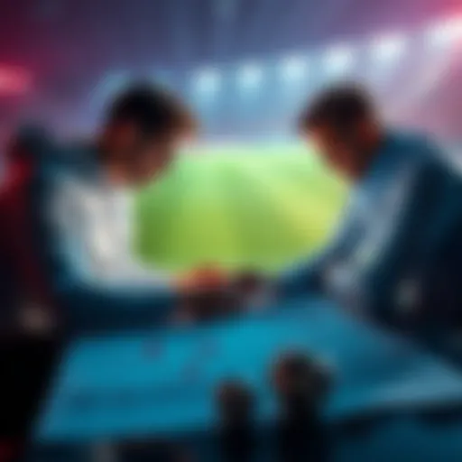 Two soccer coaches discussing current form versus head-to-head statistics with charts and player data on a table.