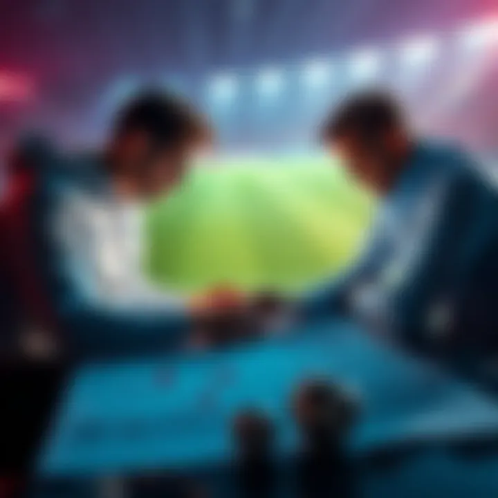 Two soccer coaches discussing current form versus head-to-head statistics with charts and player data on a table.