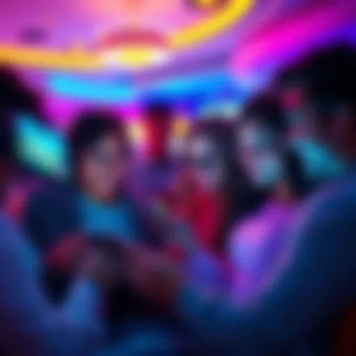 A group of friends enjoying various social casino games on their devices, with colorful graphics and chips visible on the screens.