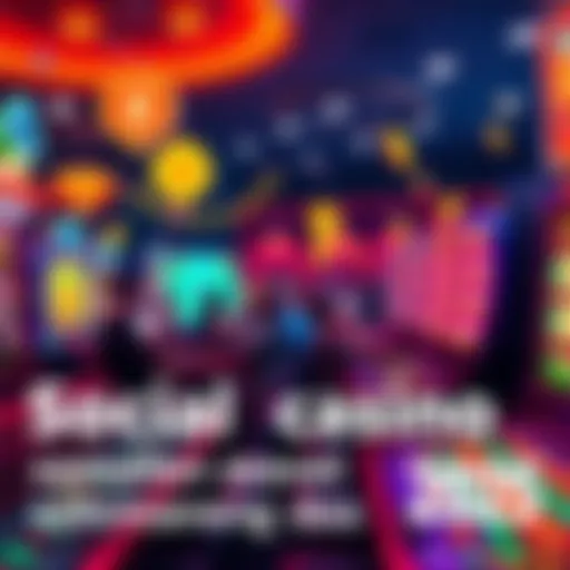 A vibrant scene showing people enjoying games at a social casino, celebrating daily rewards, with colorful graphics and tokens around them.