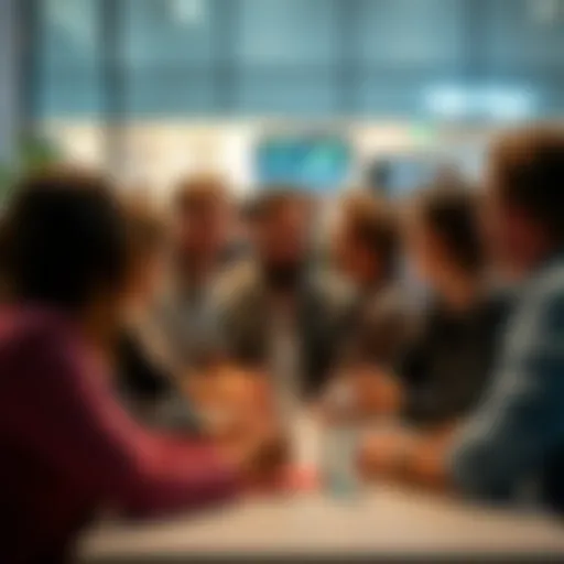 A group of people engaging in a lively discussion about social media trends, with one person expressing frustration.