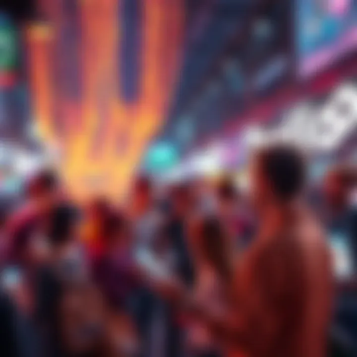 A vibrant scene showing people engaging with a new social media platform, sharing content and connecting in a lively online community.