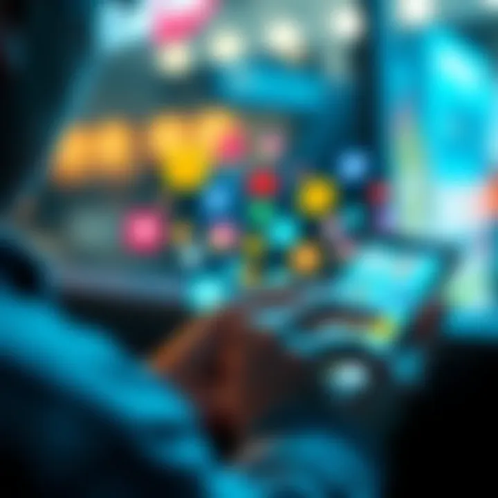 Social Media Trends 2026 A person using a smartphone to browse social media platforms, with colorful icons representing different platforms around them.