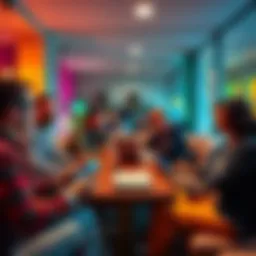 A group of people engaging in a lively discussion about social media trends in a casual setting, with laptops and smartphones around them.