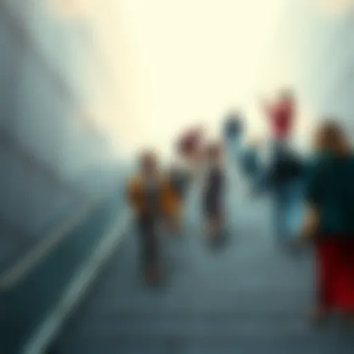 A group of diverse people climbing a staircase symbolizing social mobility and upward movement within a community.