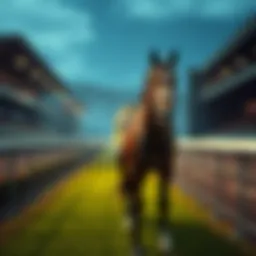 A racehorse named Sovereignty stands in a paddock, preparing for the Belmont Stakes, skipping the Preakness Stakes.