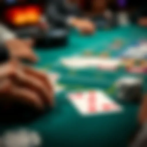 A close-up of a Spanish Blackjack 21 table, showing cards and chips during gameplay.