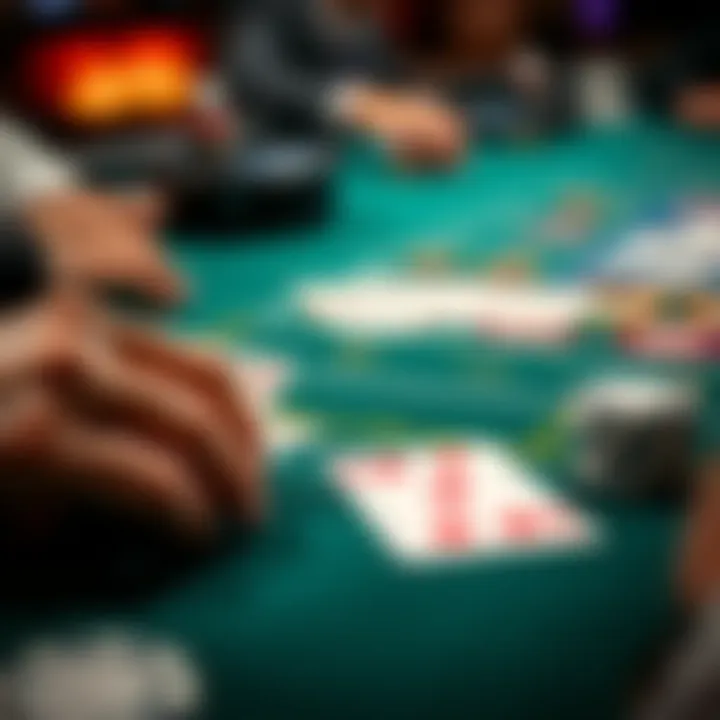 A close-up of a Spanish Blackjack 21 table, showing cards and chips during gameplay.