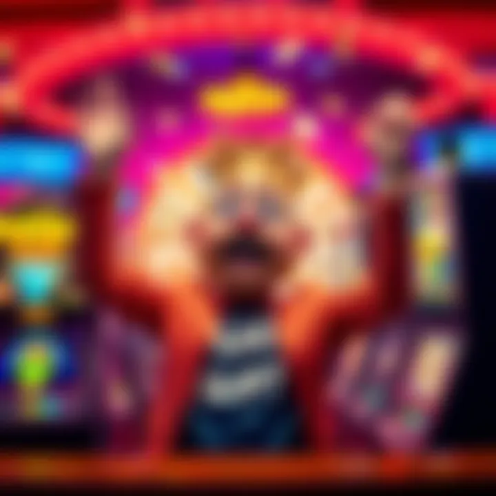 A player celebrating a big win on online slot games with a small bet of 0.80 dollars, surrounded by colorful slot machine graphics.