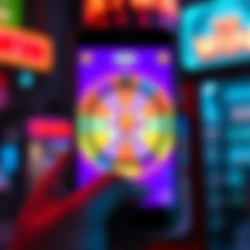 A smartphone displaying the Spin to Win feature on a colorful app interface, with a $10 gift card symbol in the background.