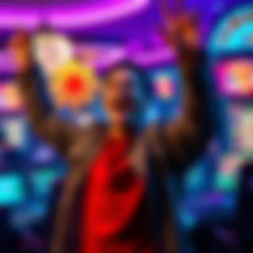 A player celebrating a big win at Spincraze Casino, displaying excitement and cash in hand, with a gaming setup in the background.
