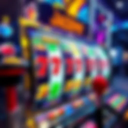 A colorful slot machine with spinning reels showing various fruit symbols and a jackpot sign