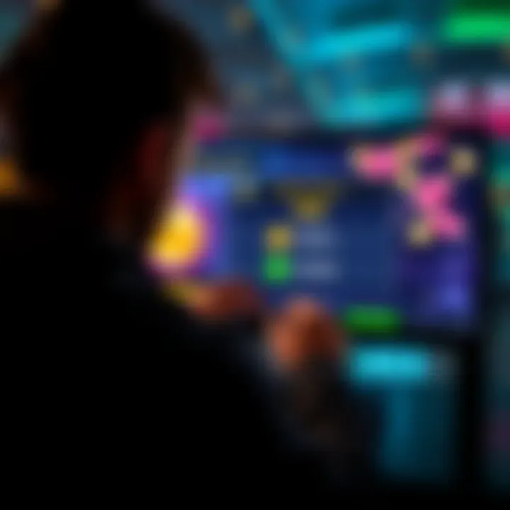 A person looking at a computer screen showing Spinquest Casino with money symbols and payout notifications