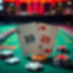 A pair of playing cards showing two tens being split on a casino table with chips