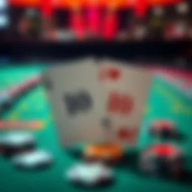 A pair of playing cards showing two tens being split on a casino table with chips