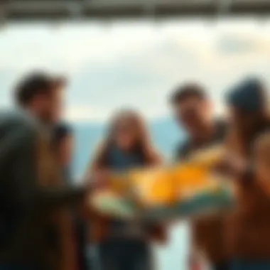 A group of friends excitedly looking at a map and discussing last-minute travel plans