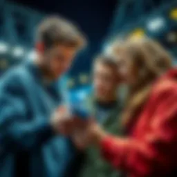 Young people looking at sports odds on a smartphone while discussing bets, symbolizing the risks and strategies of sports betting.