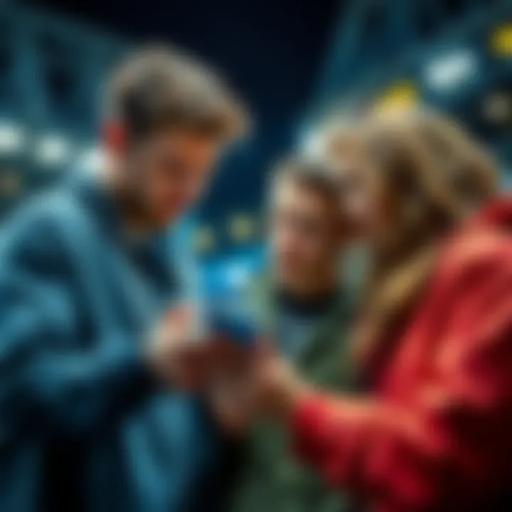 Young people looking at sports odds on a smartphone while discussing bets, symbolizing the risks and strategies of sports betting.
