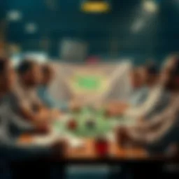 A group of people discussing sports betting tips and strategies at a table, with papers and drinks around them.