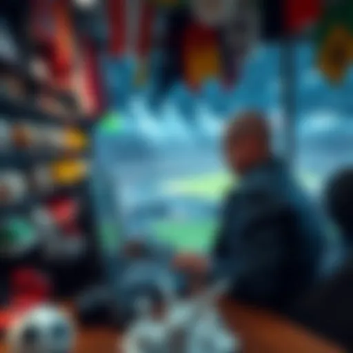 A scene showing a person placing a bet on a legal sports betting platform, surrounded by soccer memorabilia.