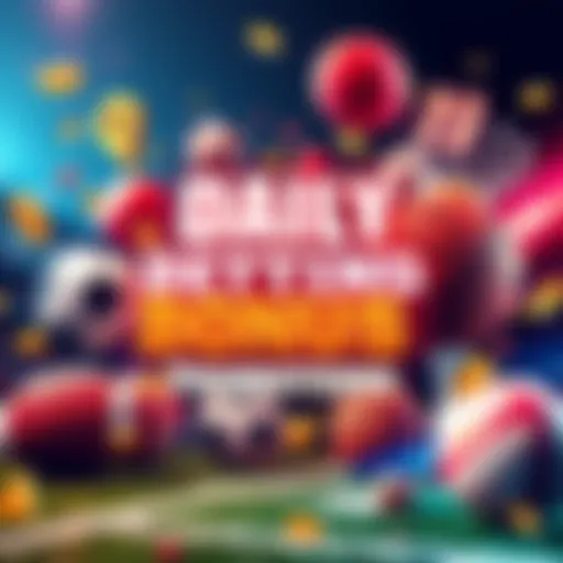 Promotional graphic showcasing various sports symbols like football and basketball, highlighting bonus offers for sports betting