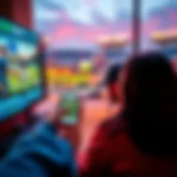 A person placing a sports bet on a mobile device while watching a game on TV, with California landmarks visible in the background.