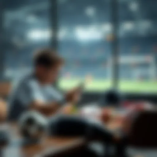 A person looking at betting odds on a smartphone while sitting at a table with sports equipment around them.