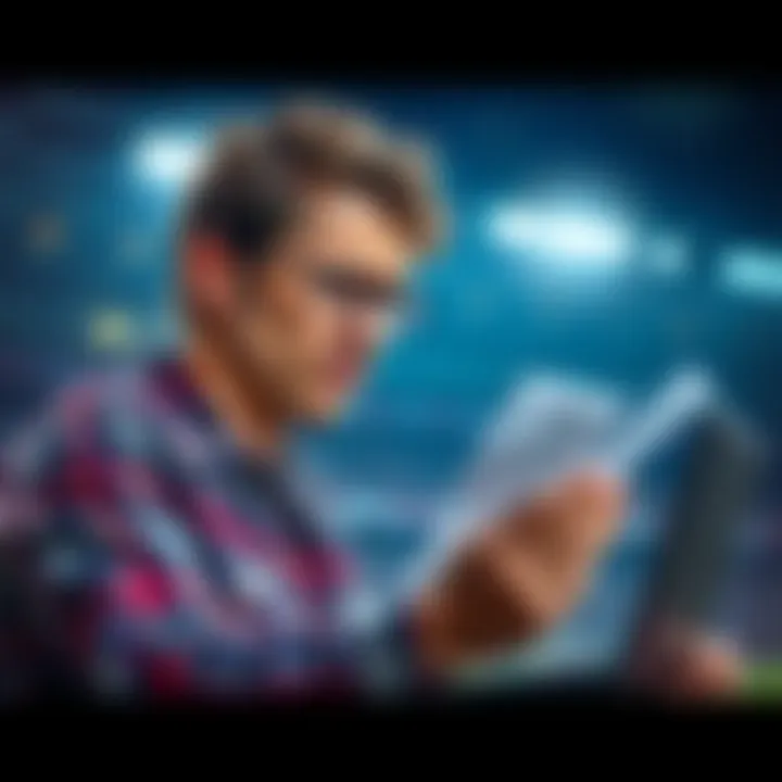 A novice sports bettor looking confused while checking his betting slip and a laptop showing football odds, with a focus on a sports-related theme.