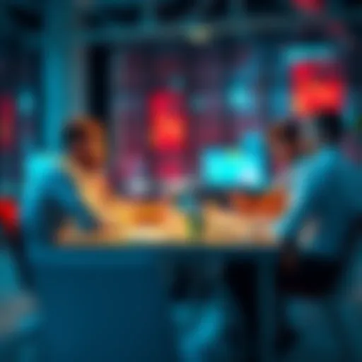 A group of people discussing sports betting strategies around a table with papers and laptops