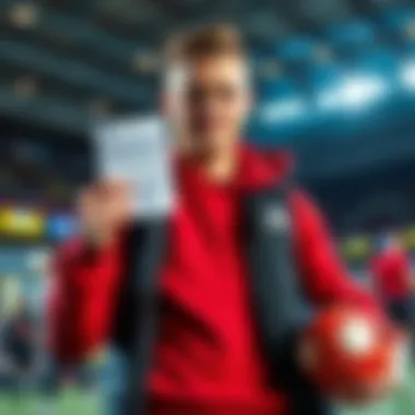 Sports Betting Enthusiast Ready for New Bet A determined sports betting enthusiast stands with a confident expression, holding a betting slip in one hand and a sports ball in the other, symbolizing their readiness for a new wager after a recent close loss.