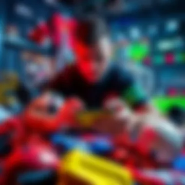 A person placing a bet on a sports event with a smartphone, surrounded by sports paraphernalia like jerseys and balls.