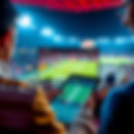 A person placing a bet on a tablet while watching a football and basketball game on TV.